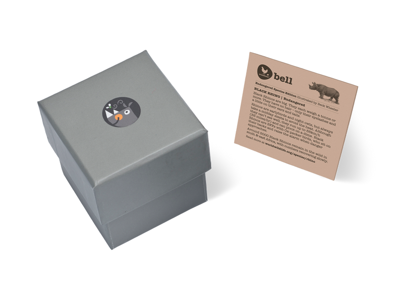 grey gift box with fact card on black Rhinos